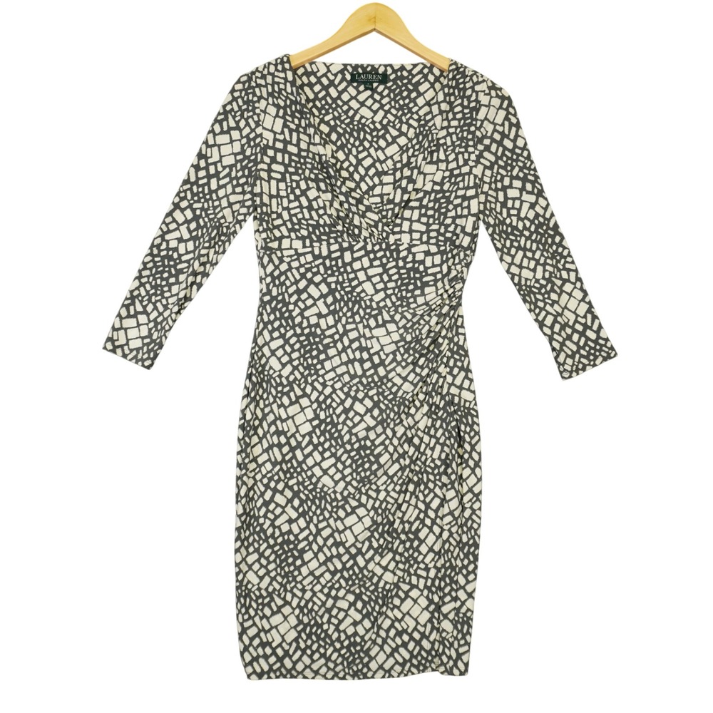 Lauren Ralph Lauren Dress Women 4 Grey Geometric Ruched Sheath Office V Neck